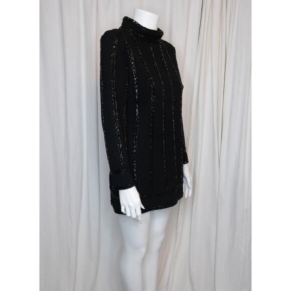 VINTAGE '60s Mod Black Wool Sequin + Beaded Black Long Sleeve Gogo Dress SMALL - Picture 4 of 9